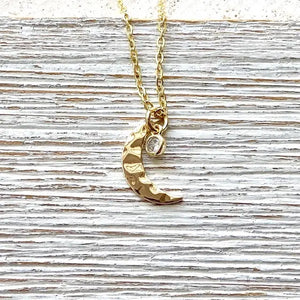 Moon Necklace Dainty Hammered Crystal Gold Necklace