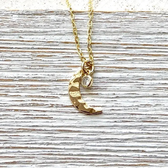 Moon Necklace Dainty Hammered Crystal Gold Necklace