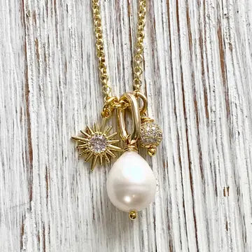 Fresh Water Pearl, Sun, Micro Pave Necklace
