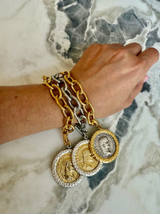 Gold Roman Medallion Bracelet- Bold Statement Chain