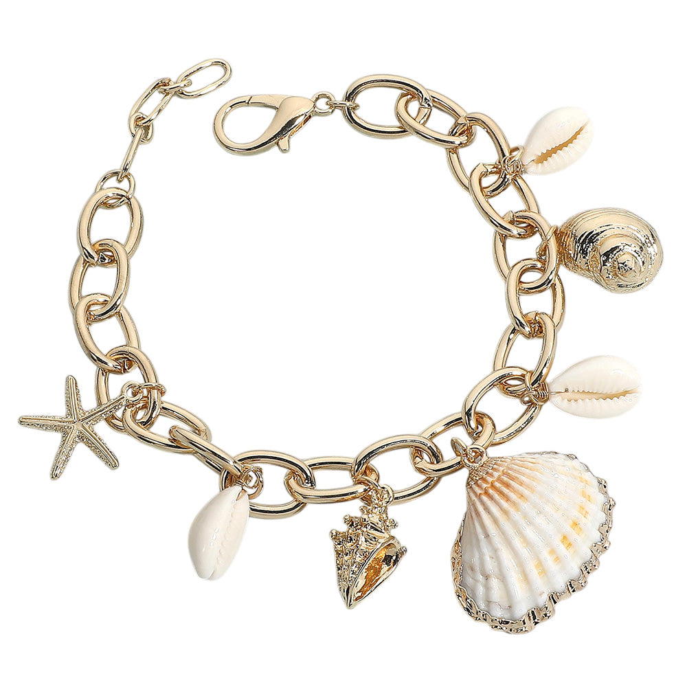 Gold charm bracelets with ocean-themed charms including shells, and starfish.