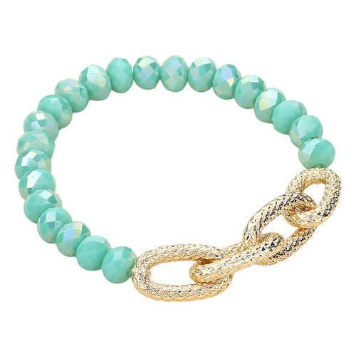 Turquoise Textured Metal Link Faceted Beaded Stretch Bracelet