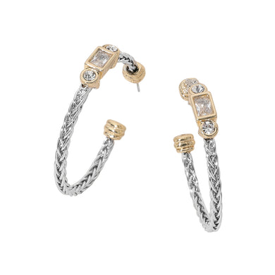14K Gold Plated Round Rectangle CZ Stone Cluster Pointed Two Tone Twisted Hoop Earrings
