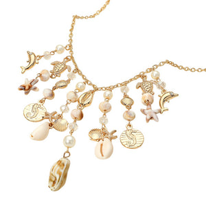 Gold Charm Necklace with Seashells & Ocean Inspired Charms