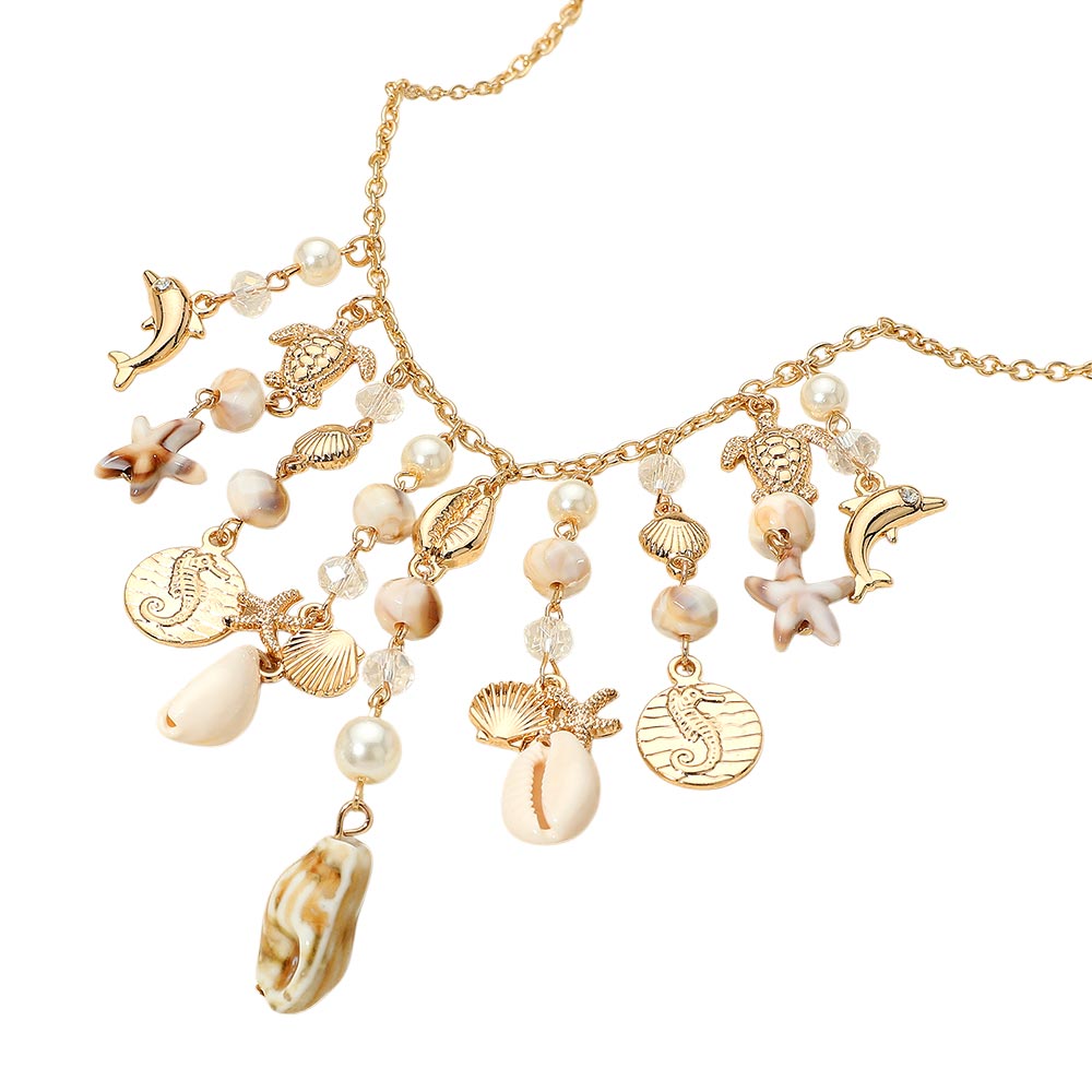Gold Charm Necklace with Seashells & Ocean Inspired Charms