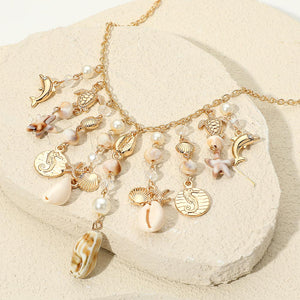 Gold Charm Necklace with Seashells & Ocean Inspired Charms
