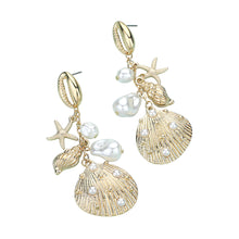 Load image into Gallery viewer, Gold-ocean themed statement earrings with shells, starfish and pearls on white and gold shell 