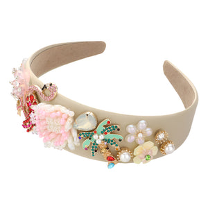 Pearl Multi Bead Embellished Flamingo Flower Palm Tree Headband