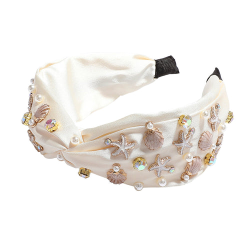 Ivory Gold Enamel Sea Shell Starfish Pearl Stone Cluster Embellished Knot Headband