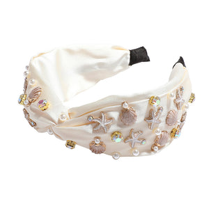 Ivory Gold Enamel Sea Shell Starfish Pearl Stone Cluster Embellished Knot Headband