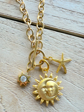 Gold Charm Necklace- Sun, Star & Starfish Pendant Chain