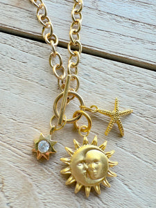 Gold Charm Necklace- Sun, Star & Starfish Pendant Chain