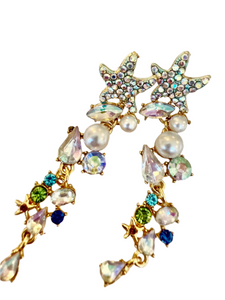 Summer Starfish Rhinestone Pearl Gold Earrings