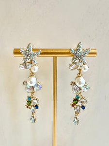 Summer Starfish Rhinestone Pearl Gold Earrings