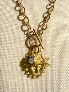 Gold Charm Necklace- Sun, Star & Starfish Pendant Chain