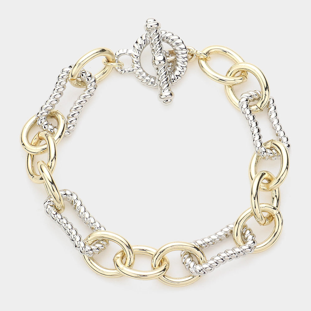 Geometric Two Tone Open Metal Link Toggle Bracelet