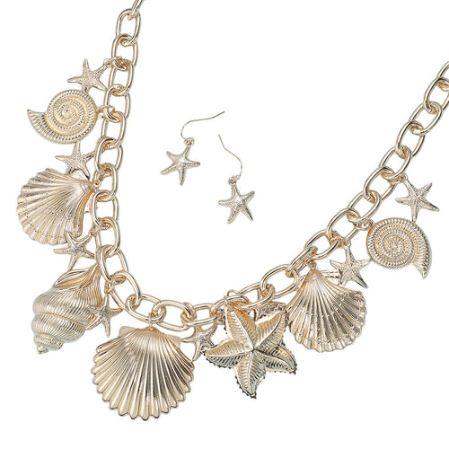 Gold Chunky Metal Sea Shell Starfish Charm Chain Necklace