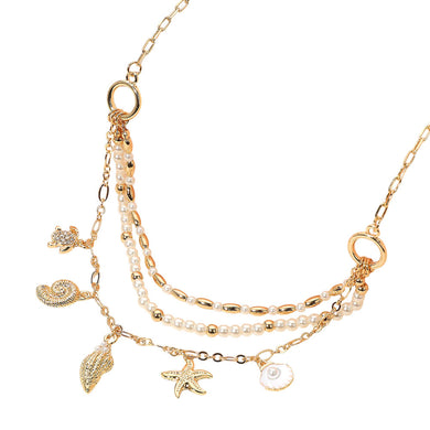 Metal Conch Swirl Shell Turtle Charm Pearl Beaded Multi Layered Necklace
