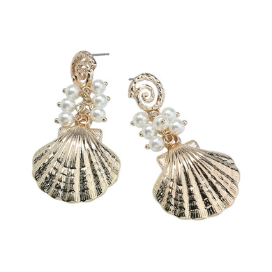Gold Shell statement earrings with faux pearl clusters and swirl top design.
