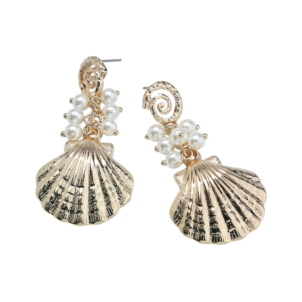 Gold Shell statement earrings with faux pearl clusters and swirl top design.