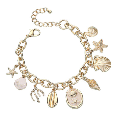Gold charm bracelet with starfish, shells, coral and ocean motifs