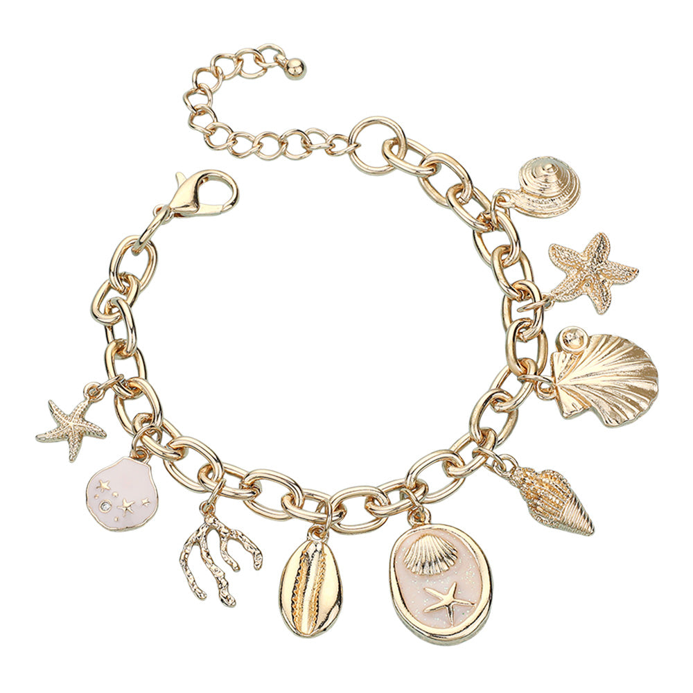Gold charm bracelet with starfish, shells, coral and ocean motifs