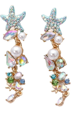 Colorful rhinestone starfish earrings with cascading gems and pearls
