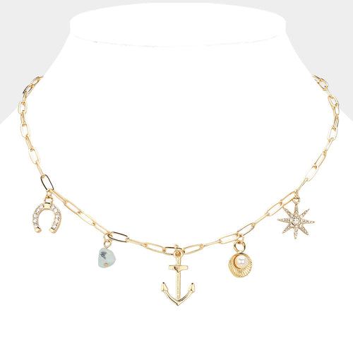 Stone Paved Horseshoe Starburst Anchor Pearl Shell Charm  Chain Necklace