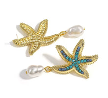 Cargar imagen en el visor de la galería, Sea Blue Crystal Starfish Pearl Earrings